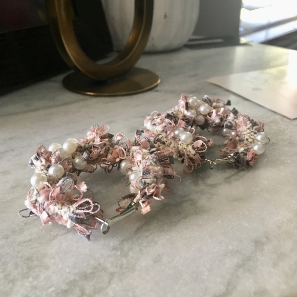 Beaded Pink Floral Pearl Wreath Hoop Earrings - Picture 6 of 8